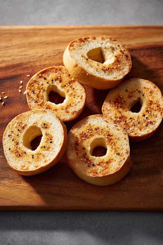 Five oven-toasted bagel halves, some with seasoning, arranged on a wooden board, highlighting the golden-brown finish.