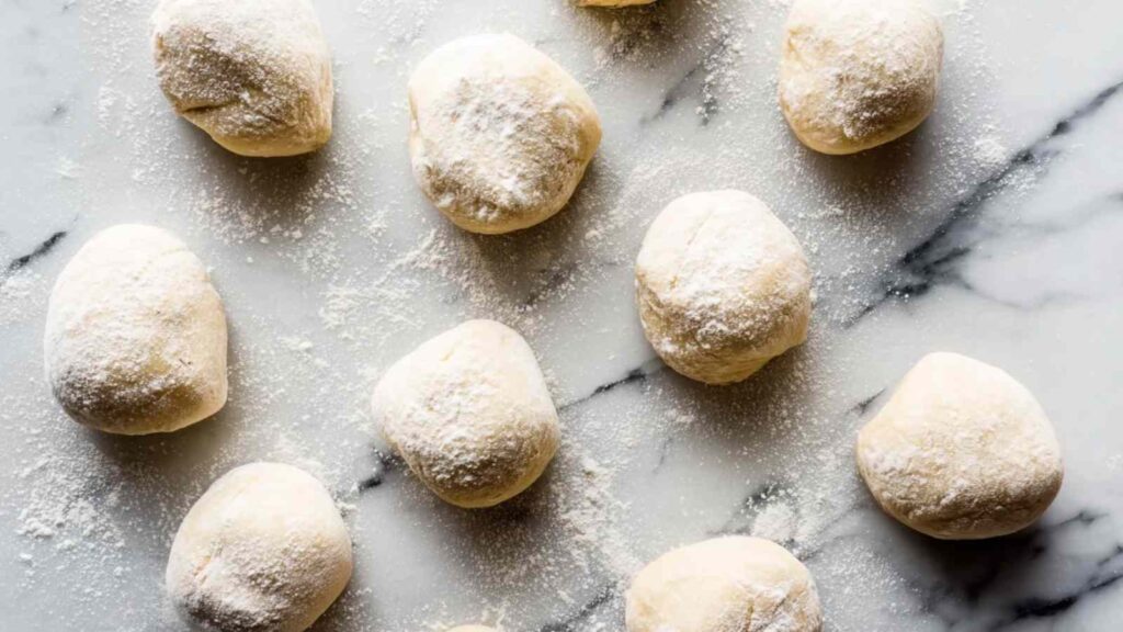 Ten round dough balls dusted with flour, ready for shaping into bagels.