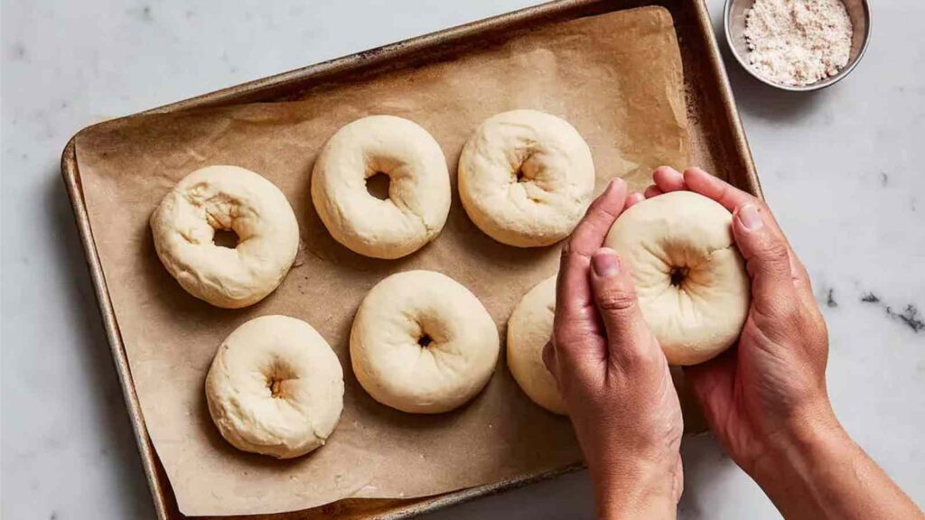 Hands shaping a bagel by poking a hole through the center, with other shaped bagels on a baking sheet.