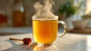 Steaming cup of golden natural zepbound drink on marble surface with honey dipper
