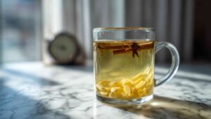 Glass mug steeping grated ginger and cinnamon stick with soft natural light