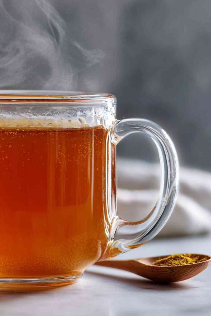 Close-up of steaming dark golden zepbound drink with turmeric on spoon beside glass mug