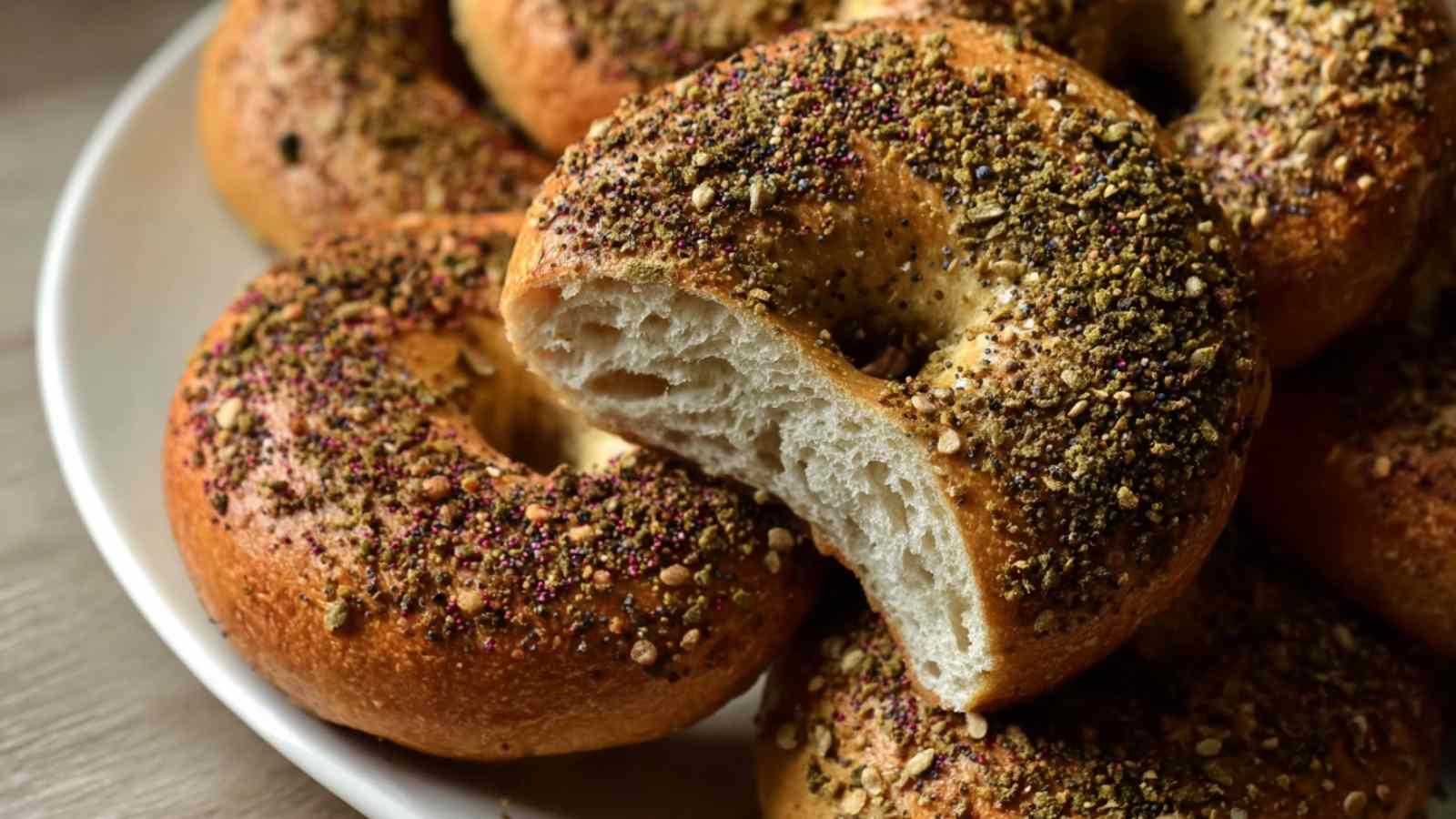 Close-up view of freshly baked Za'atar Bagels on a white plate, with one bagel cut in half revealing its soft, airy interior