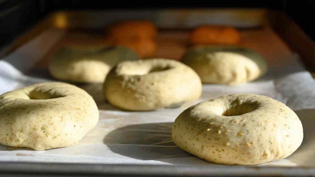 zaatar bagels raw dough on baking sheet