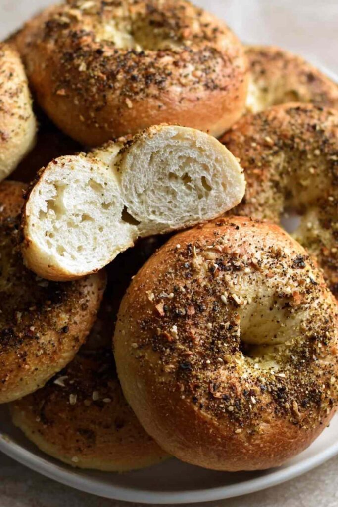 zaatar bagels stack cut open crumb shot