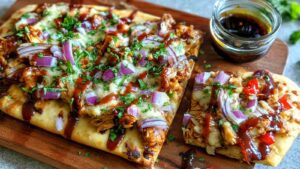 BBQ chicken flatbread with melted cheese and vegetables on baking sheet