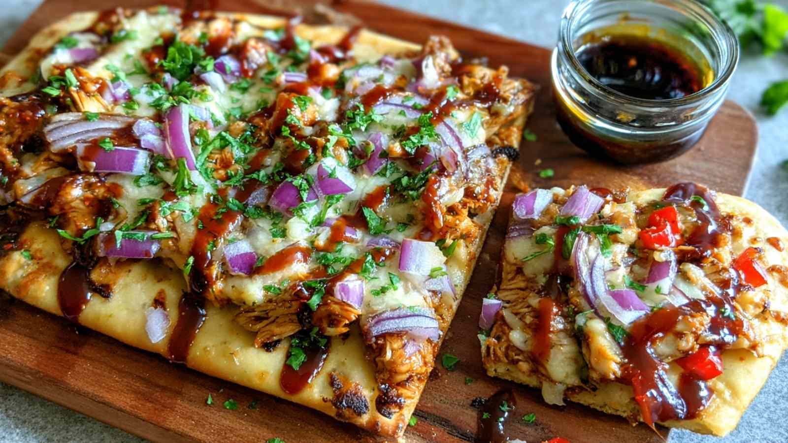 BBQ chicken flatbread with melted cheese and vegetables on baking sheet