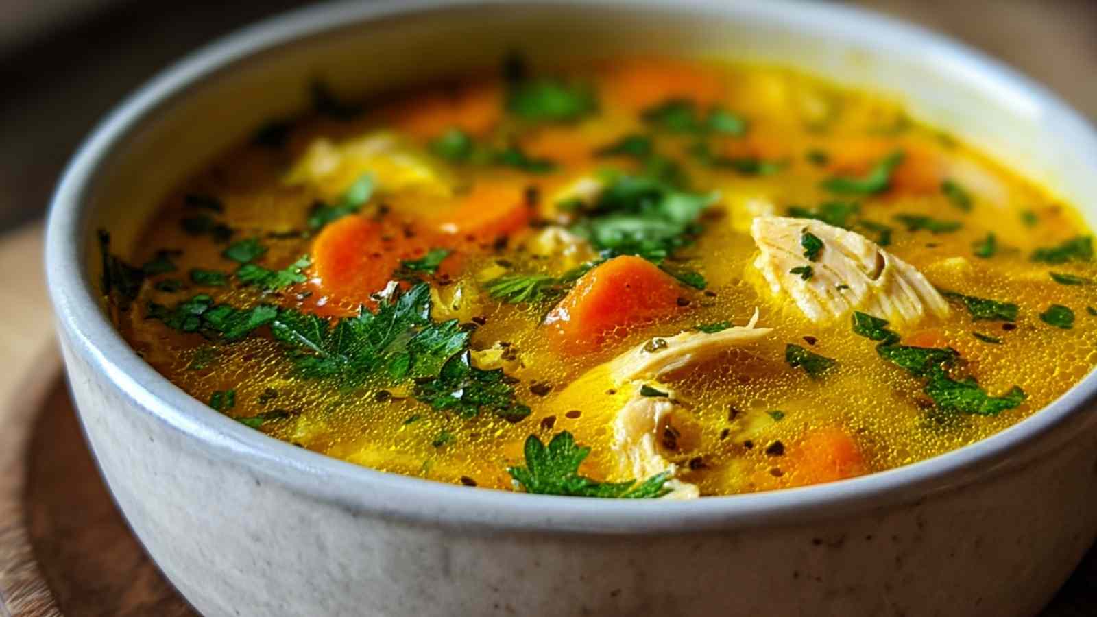 Anti-inflammatory turmeric chicken soup in white bowl with golden broth and fresh herbs