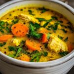 Anti-inflammatory turmeric chicken soup in white bowl with golden broth and fresh herbs