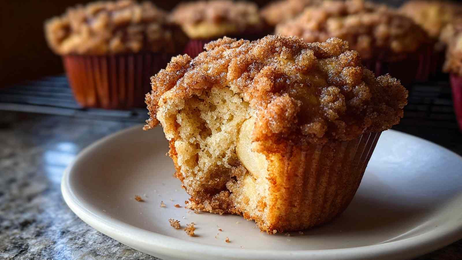 Apple Cinnamon Streusel Muffins with golden crumb topping on cooling rack