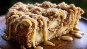 Apple Crumb Cake with Cinnamon Apple Drizzle slice on white plate showing crumb topping and drizzle