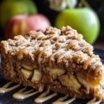 Apple Crumb Cake with Cinnamon Apple Drizzle slice on white plate showing crumb topping and drizzle