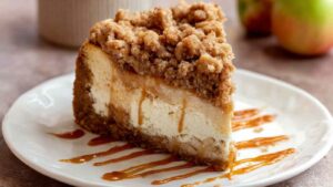 Apple crumble cheesecake slice showing layers of graham crust, creamy filling, apple pieces, and golden crumble topping