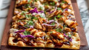 BBQ Chicken Flatbread with melted cheese and bell peppers on baking sheet