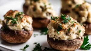 Close-up of a golden-baked stuffed mushroom topped with fresh herbs and cheese, set on a white plate for a festive holiday appetizer.