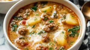Bowl of creamy Italian sausage and potato soup garnished with Parmesan cheese