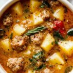 Bowl of creamy Italian sausage and potato soup garnished with Parmesan cheese