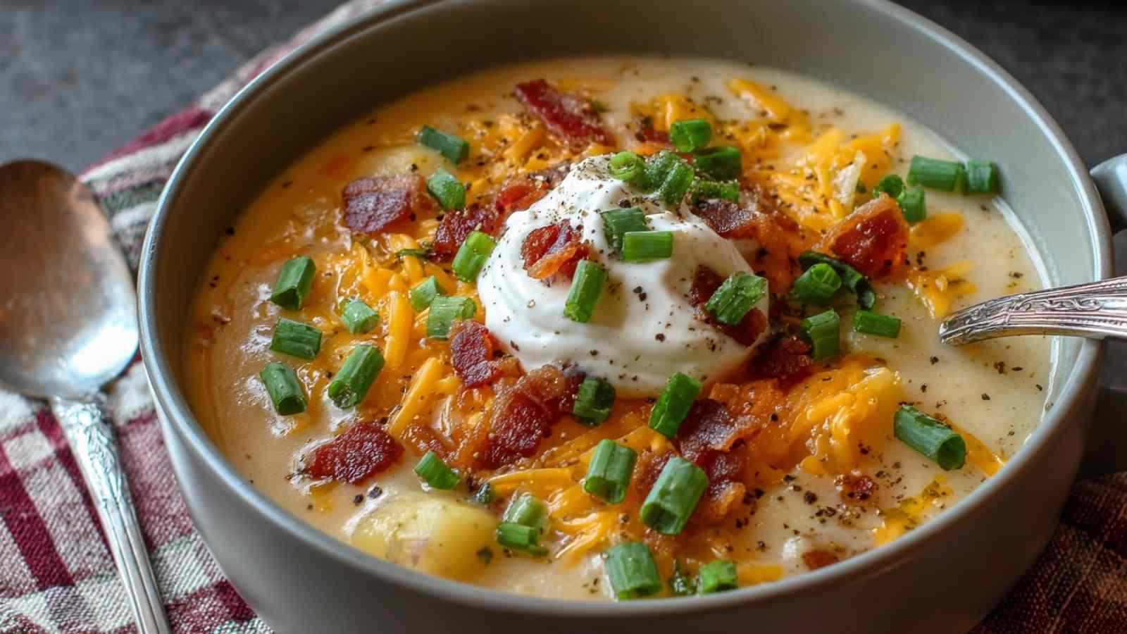 Comforting loaded baked potato soup in white bowl topped with bacon and cheese