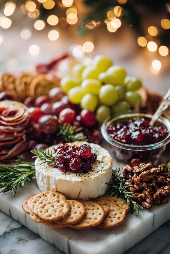 Close-up of brie cheese topped with cranberries and rosemary on marble board, with crackers and festive lights in background