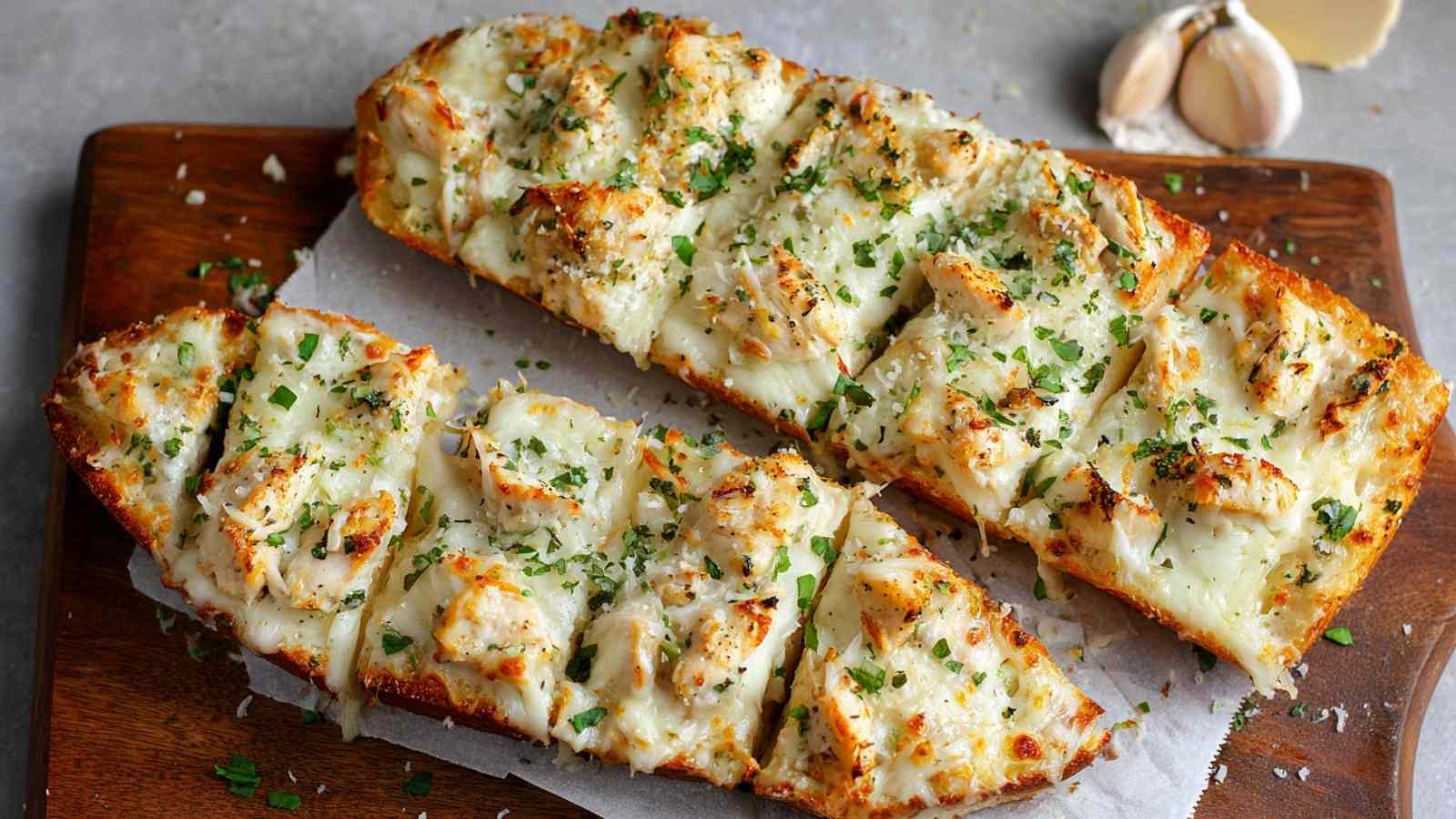 Chicken alfredo garlic bread sliced and ready to serve with melted cheese