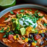 Bowl of chicken taco soup with toppings and tortilla chips