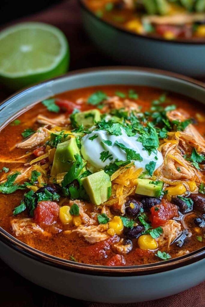 Bowl of chicken taco soup with toppings and tortilla chips