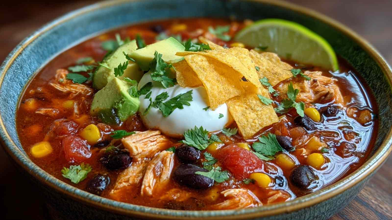 Bowl of chicken taco soup with toppings and tortilla chips