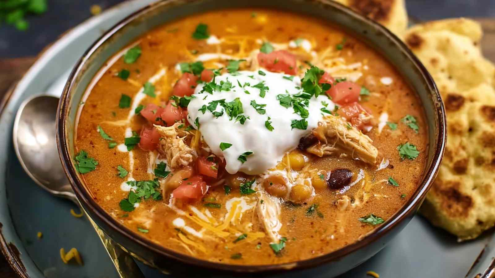 Chicken taco soup with cream cheese in white bowl with toppings