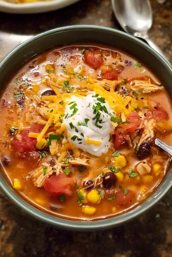 Chicken taco soup with cream cheese in white bowl with toppings