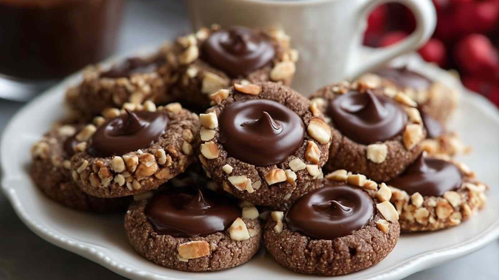 Chocolate Hazelnut Thumbprint Cookies with Nutella centers on cooling rack
