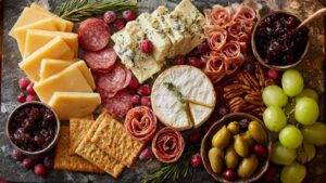Holiday-themed charcuterie board with cheese, olives, prosciutto roses, and cranberry jam on a dark stone serving board