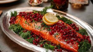 Whole baked salmon glazed with pomegranate reduction, topped with pomegranate seeds, lemon slices, herbs, and sautéed mushrooms on a white serving platter.