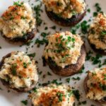Top-down view of a platter of stuffed mushrooms with golden tops and parsley garnish, arranged on a white serving dish.