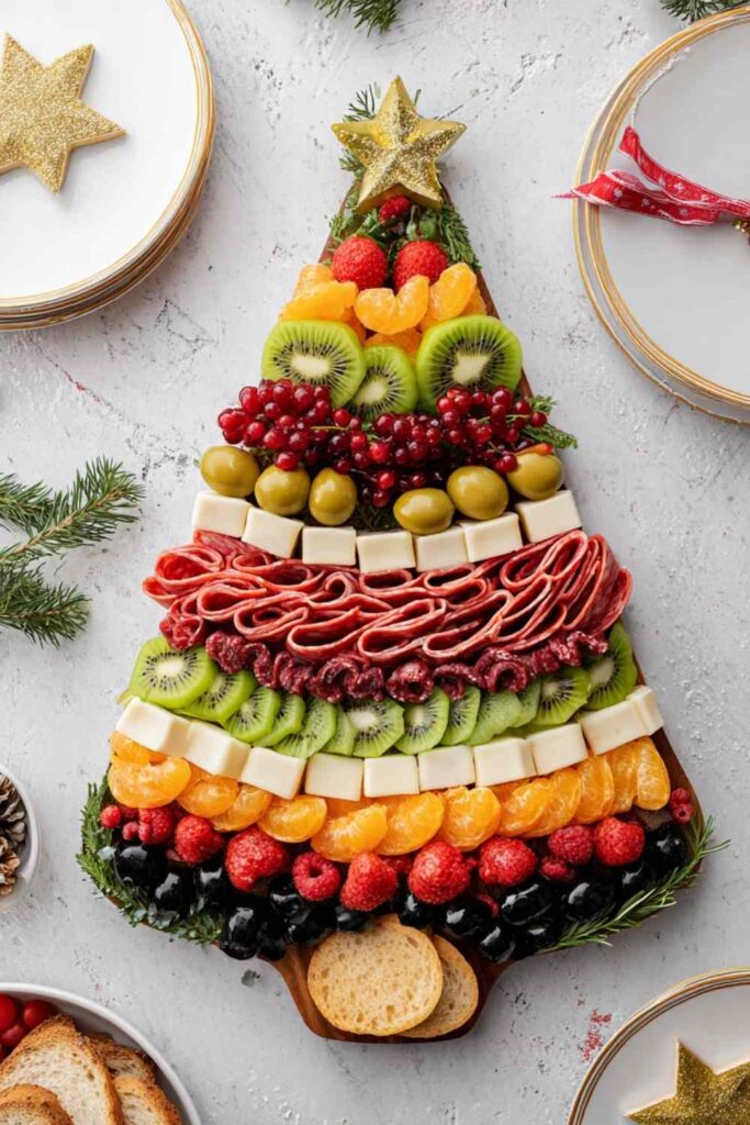 Charcuterie board in shape of a Christmas tree made with stacked layers of cheddar, grapes, salami, olives, mozzarella, and herbs on white background