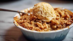 Classic Apple Crumble with golden brown topping in 9x13 baking dish