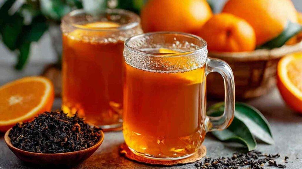 7 Natural Weight Loss & energy Drinks 4 Amber colored costa rican tea for weight loss in clear glass mugs with orange slices and warming spices