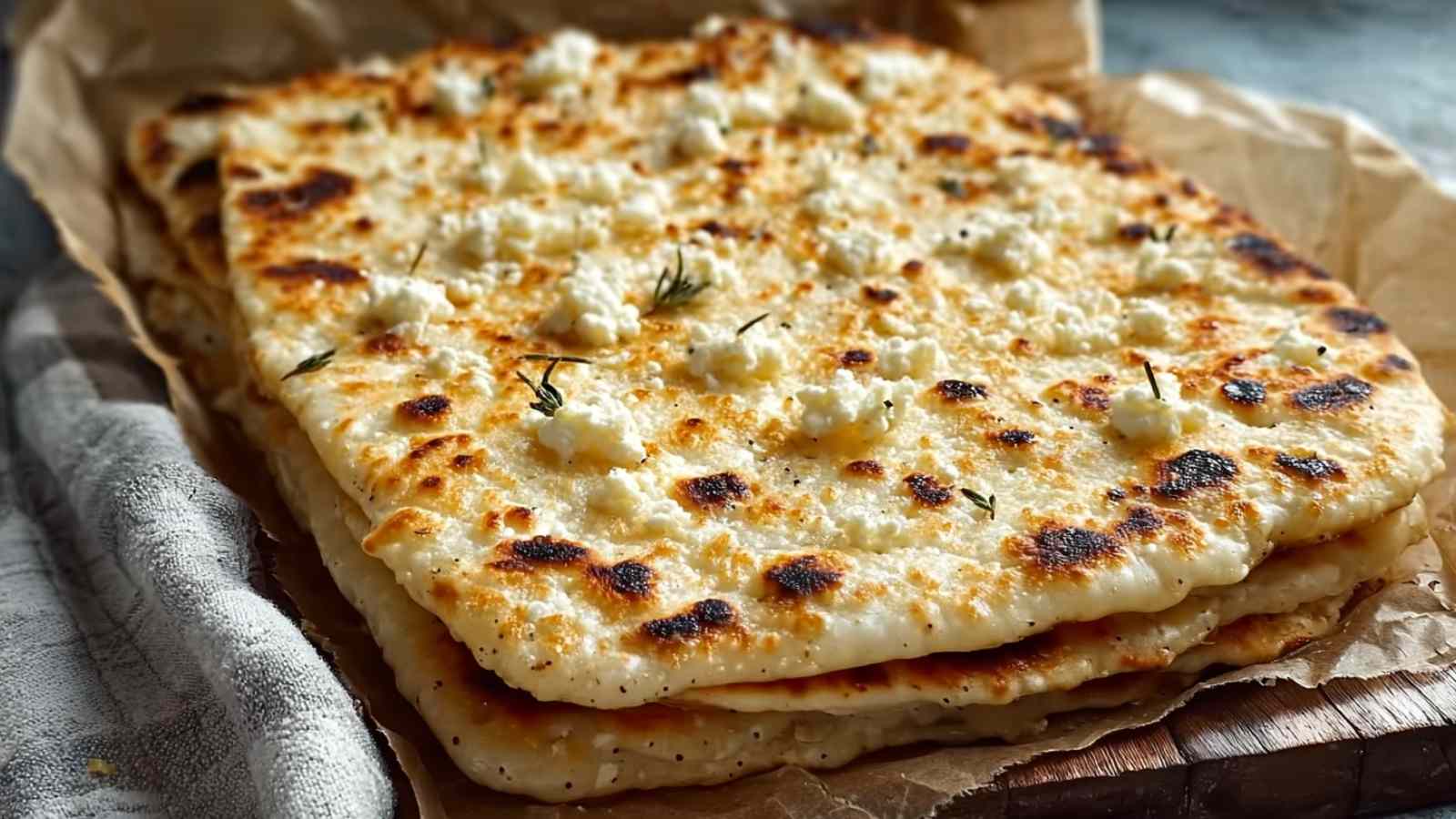 cottage cheese flatbread on baking sheet golden brown edges