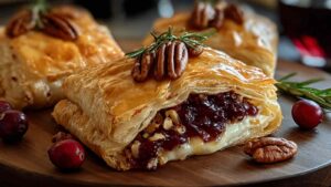 Cranberry Pecan Brie in Flaky Puff Pastry golden brown on baking sheet
