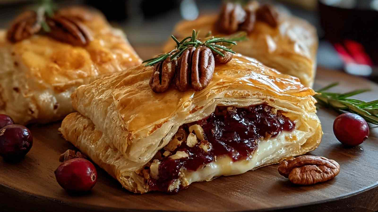 Cranberry Pecan Brie in Flaky Puff Pastry golden brown on baking sheet
