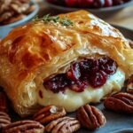 Cranberry Pecan Brie in Flaky Puff Pastry golden brown on baking sheet