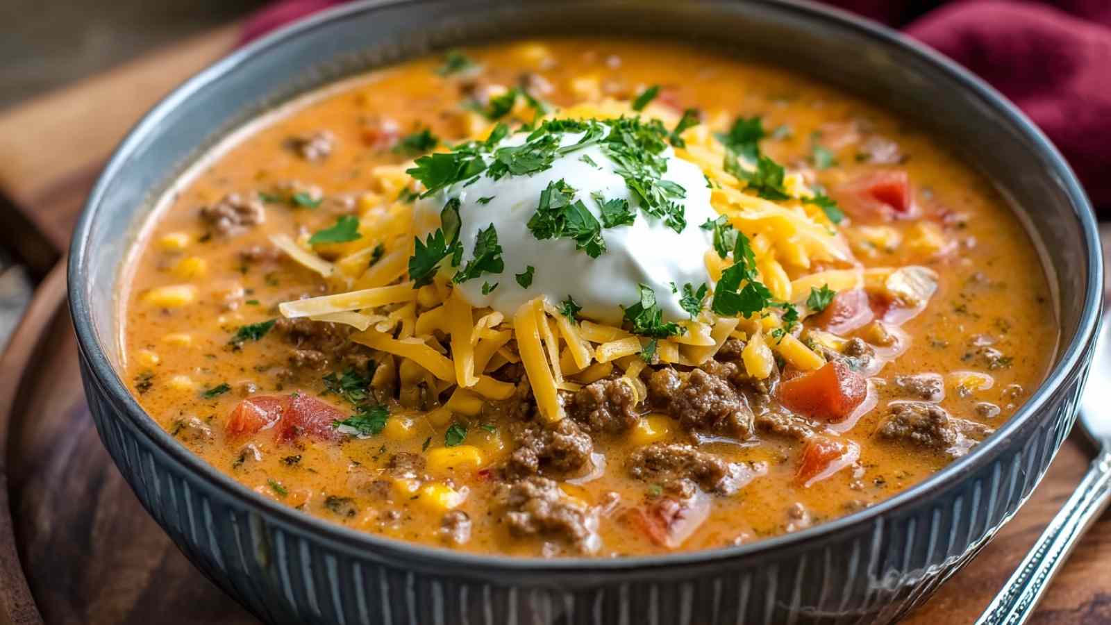 Creamy cheesy ground beef taco soup in bowl with toppings