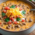 Creamy cheesy ground beef taco soup in bowl with toppings
