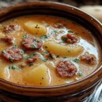 Creamy chorizo potato soup in white bowl with fresh herbs