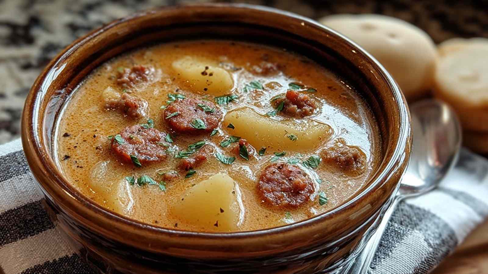 Creamy chorizo potato soup in white bowl with fresh herbs