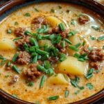 Creamy chorizo potato soup in white bowl with fresh herbs