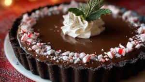Dark chocolate peppermint mousse tart with glossy chocolate glaze on white plate