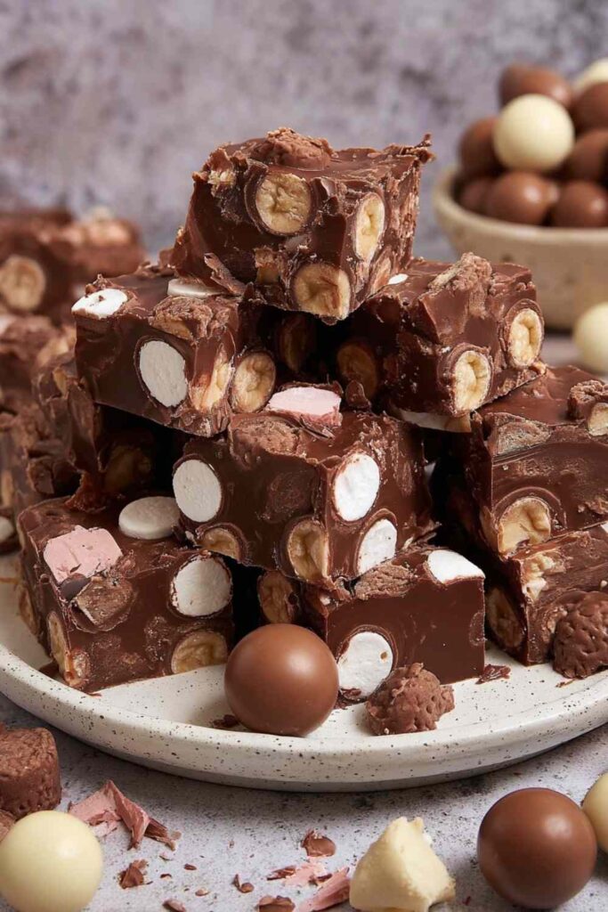 Rich chocolate rocky road packed with Maltesers, marshmallows and biscuits. No baking required - just 4 hours to set! Perfect for parties and gifts.