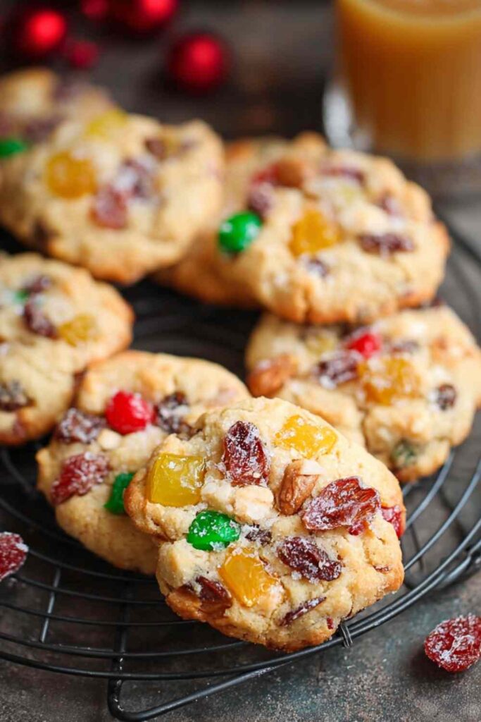 Easy Christmas Fruitcake Cookies with red and green candied cherries on cooling rack