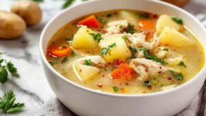 Comforting chicken soup with potatoes in white bowl with parsley garnish