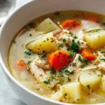 Comforting chicken soup with potatoes in white bowl with parsley garnish